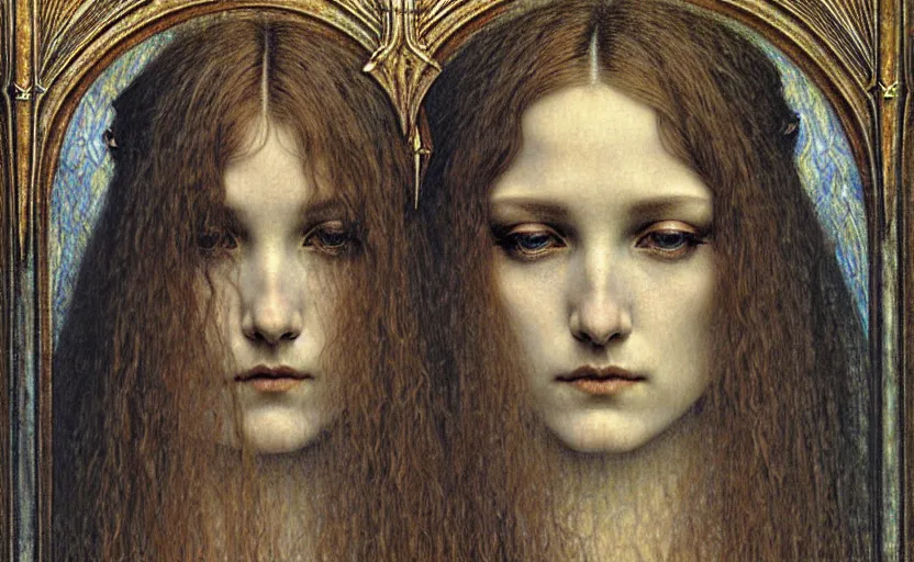 Image similar to detailed realistic beautiful young medieval queen face portrait by jean delville, gustave dore and marco mazzoni, art nouveau, symbolist, visionary, gothic, pre - raphaelite. horizontal symmetry