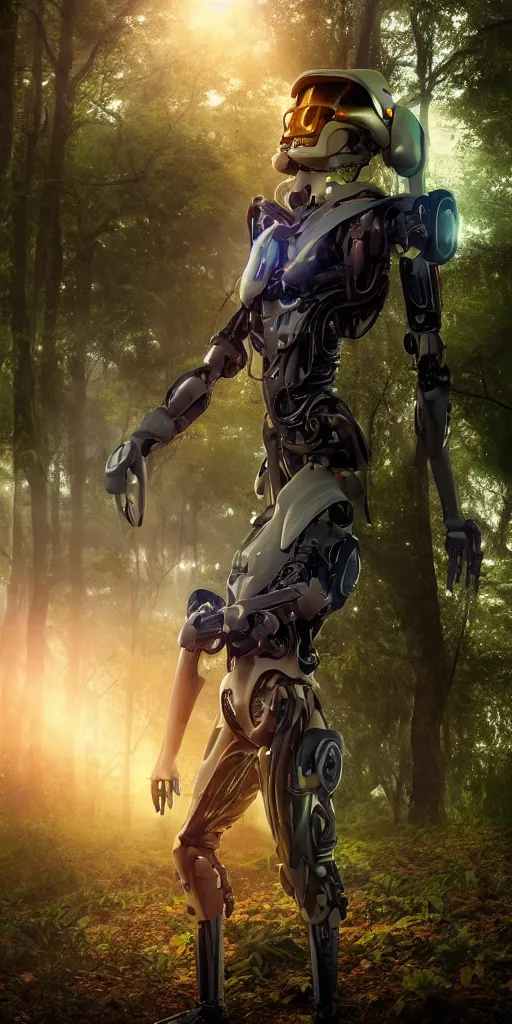 Prompt: a photorealistic cyborg, in a beautiful forest with sunshine and tropical rain clouds, golden hour, trending on theater, 4K, cinematic, cinematograhic lighting, UHD, HDR