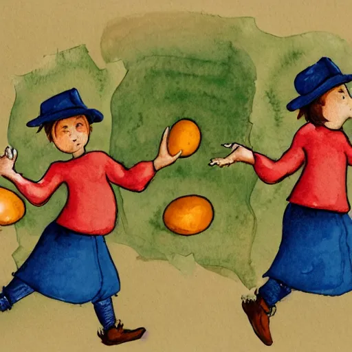 Image similar to two orphans with hats and middle ages simple clothes holding eggs with their arms, orphans running from a flying angry chicken, illustration for children, bright faded watercolor on grainy paper,. accurate anatomy. symmetry.