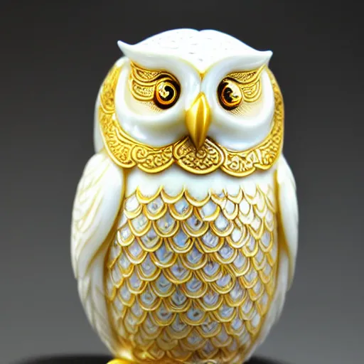 Image similar to gorgeous ornated snow white porcelain realistic detailed sacred owl natsuke with golden filigree carved out of ivory
