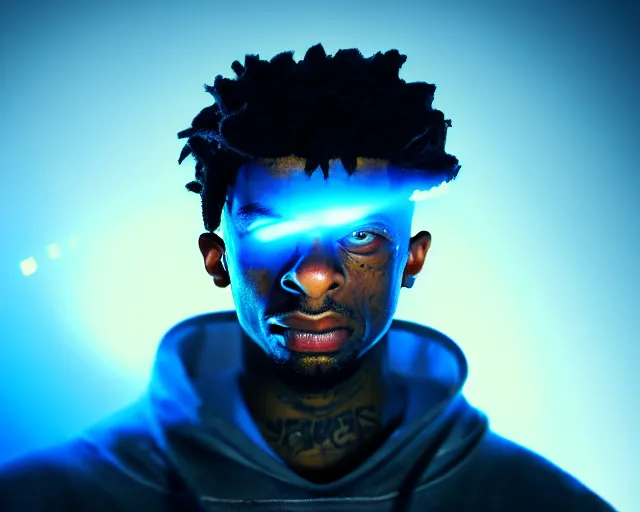 Image similar to 2 8 mm closeup portrait of 2 1 savage top fragging in his live action video game, pipes, wires, dramatic lighting, octane, blue lights, lens flare, industrial, dirty, trending on artstation, golden ratio, h. r. giger, mist, action, volumetric lighting