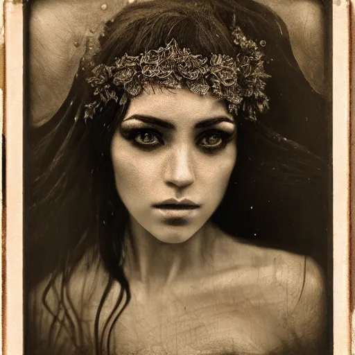 Prompt: old full frame duotone wetplate daguerreotype portrait of a beautiful woman, 3 0 years old, fractal, intricate, elegant, highly detailed, parallax, leica, subsurface scattering, by luis royo and greg rutkowski