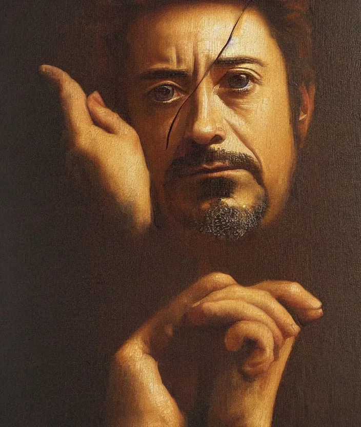 Image similar to oil painting half-lenght portrait of Robert Downey Jr by Leonardo da Vinci