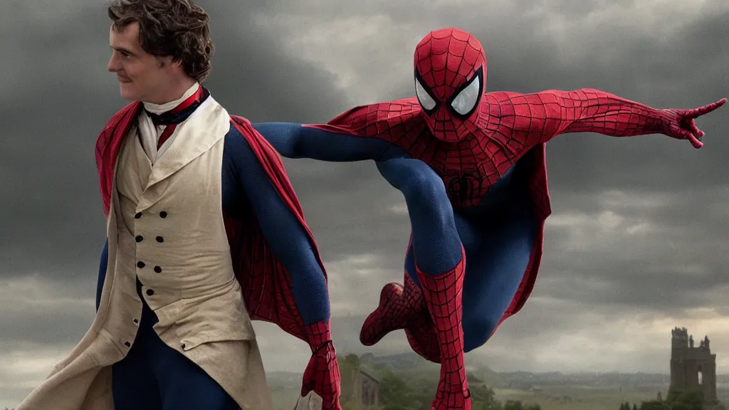 Image similar to victorian era spiderman wearing a cape in the new pride & prejudice movie, movie still realistic, 8 k