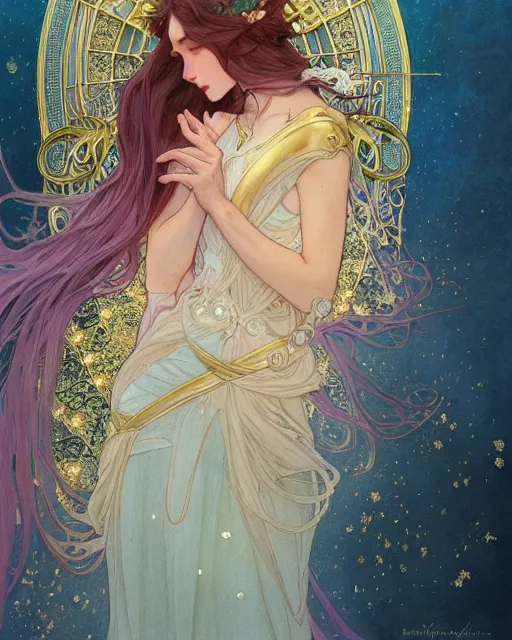 Image similar to secret romance, highly detailed, very intricate, art nouveau, gold filigree, romantic storybook fantasy, soft cinematic lighting, award - winning, disney concept art watercolor illustration by mandy jurgens and alphonse mucha and alena aenami, pastel color palette, featured on artstation