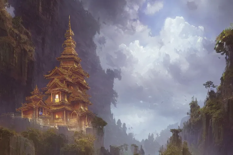 Image similar to a fantasy digital painting of a temple in the clouds, by Greg Rutkowski and James Gurney, trending on Artstation, highly detailed