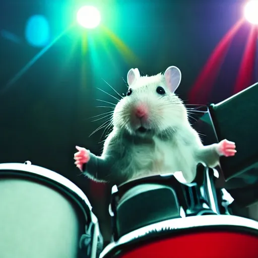 Image similar to a hamster playing drums on a stage in a small club, red and blue stagelights, photorealistic