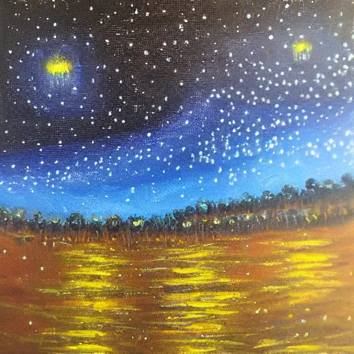 Prompt: Fireflies that blend with the starry sky, oil painting