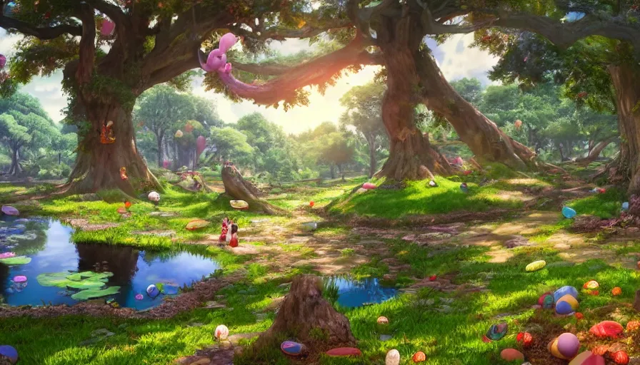 Prompt: a colorful easter land with a pond, beautiful ancient trees, hiding large treasure chest, serene evening atmosphere, soft lens, soft light, cel - shading, animation, in the style of cgsociety, deviantart, artstation, zbrush, cinema 4 d, studio ghibli, akihiko yoshida, atelier lulua, masamune shirow