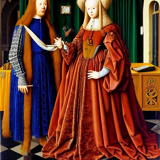 Image similar to the arnolfini portrait by jan van eyck, accurate, 8 k, extreme detail, highly ornate intricate details,