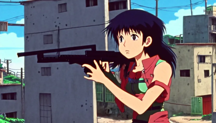 Prompt: 8 k screencap of a girl with a gun on a favela anime, by hayao miyazaki, studio ghibli, favela background extremely high quality artwork