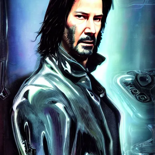 Image similar to keanu reeves a quirky cyberpunk wizzard, dark-hair, intricate, elegant, highly detailed, smooth, sharp focus, detailed face, high contrast, dramatic lighting, graphic novel, art by Ardian Syaf and Michael Choi