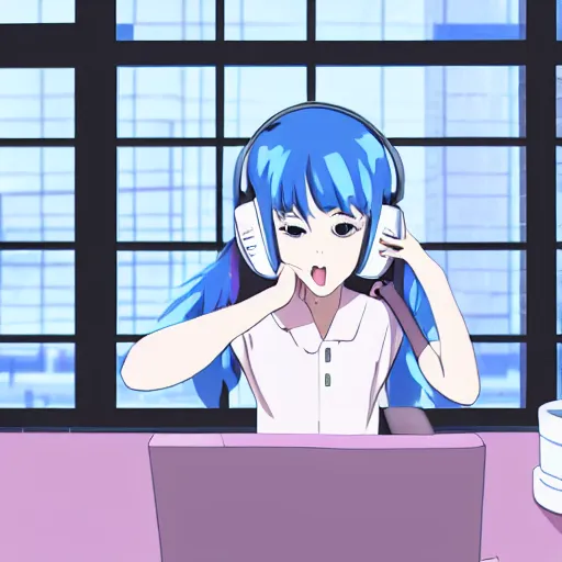 Prompt: high definition anime portrait of a pastel blue haired anime girl sitting at a desk studying with headphones on, background is a window looking out into a busy Tokyo district, lo-fi art, by Studio Ghibli, trending on artstation, sharp high quality anime, digital art, photoshop, proportionate, ambient lighting