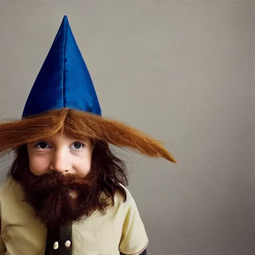 Prompt: photograph of a five year old boy wizard, beard, wizard hat by annie leibovitz, long hair