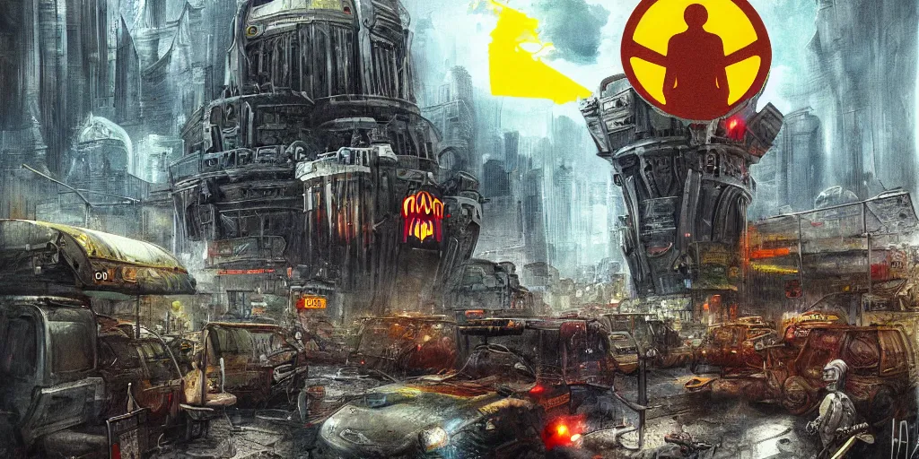 Image similar to dystopia where mcdonald's took over and ruled with an iron fist, award winning art, epic fantasy landscape, art print, science fiction, ultra realistic,