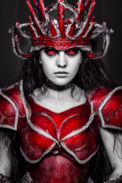 Image similar to the blood crown queen wear the scarlet armor, cinematic lighting, various refining methods, micro macro autofocus, ultra definition, award winning photo