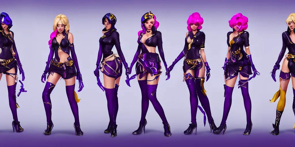 Image similar to character sheet of beautiful KDA More Miss Fortune (wild rift). digital art, concept art, realistic, highly detailed, trending on artstation, 4k, trending on artstation