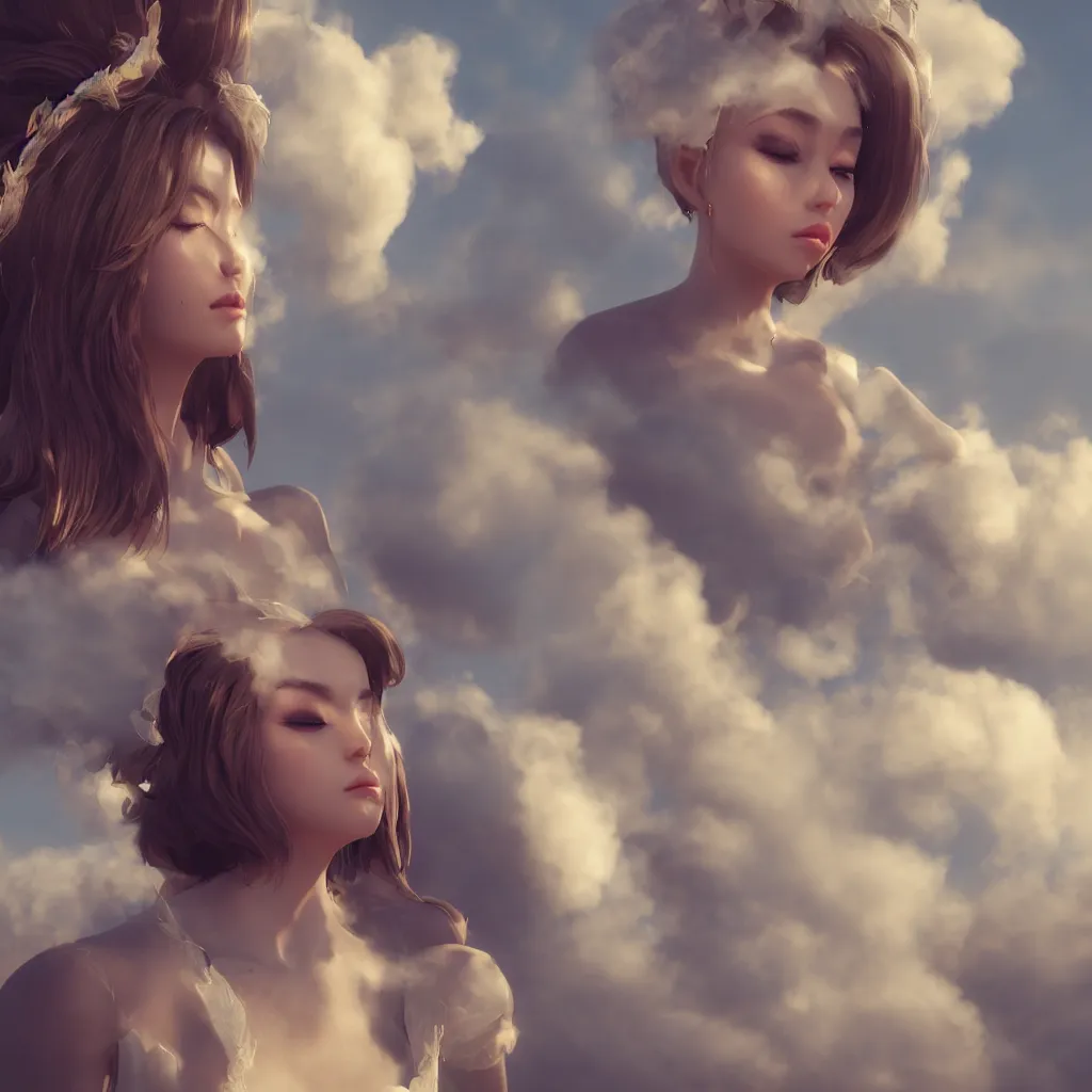 Image similar to beautiful girl in full gown blowing clouds, portrait character concept style trending on artstation concept art detailed octane render cinematic photo - realistic 8 k high detailed