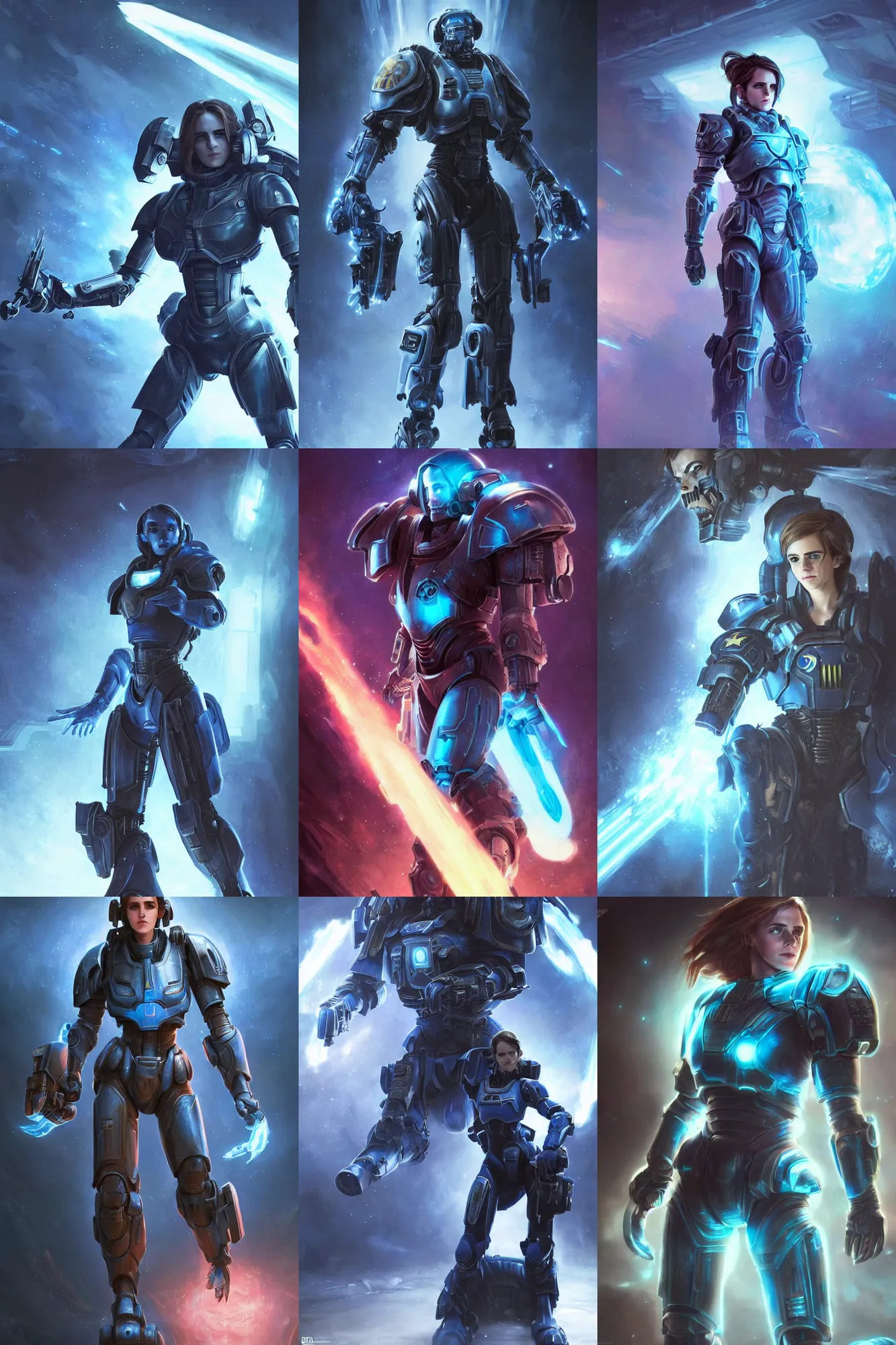 Prompt: full body shot, emma watson in starcraft ii, hero pose, sci - fi, futuristic armor with blue neon lights, space marine, dramatic lighting, highly detailed, digital painting, 3 d render, hyper realistic detailed portrait, greg rutkowski, wlop, ruan jia, peter mohrbacher