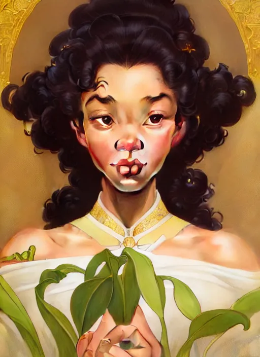 Image similar to portrait of disney tiana, intricate, elegant, highly detailed, my rendition, digital painting, artstation, concept art, smooth, sharp focus, illustration, art by artgerm and greg rutkowski and alphonse mucha and uang guangjian and gil elvgren and sachin teng, symmetry!!