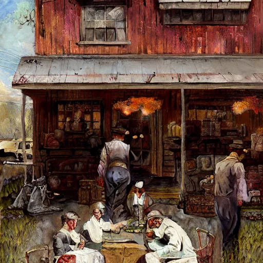 Prompt: old general store, everyone has a head wound, no eyes, by norman rockwell, by greg rutkowski, tonal color scheme, antique, retro atmosphere.