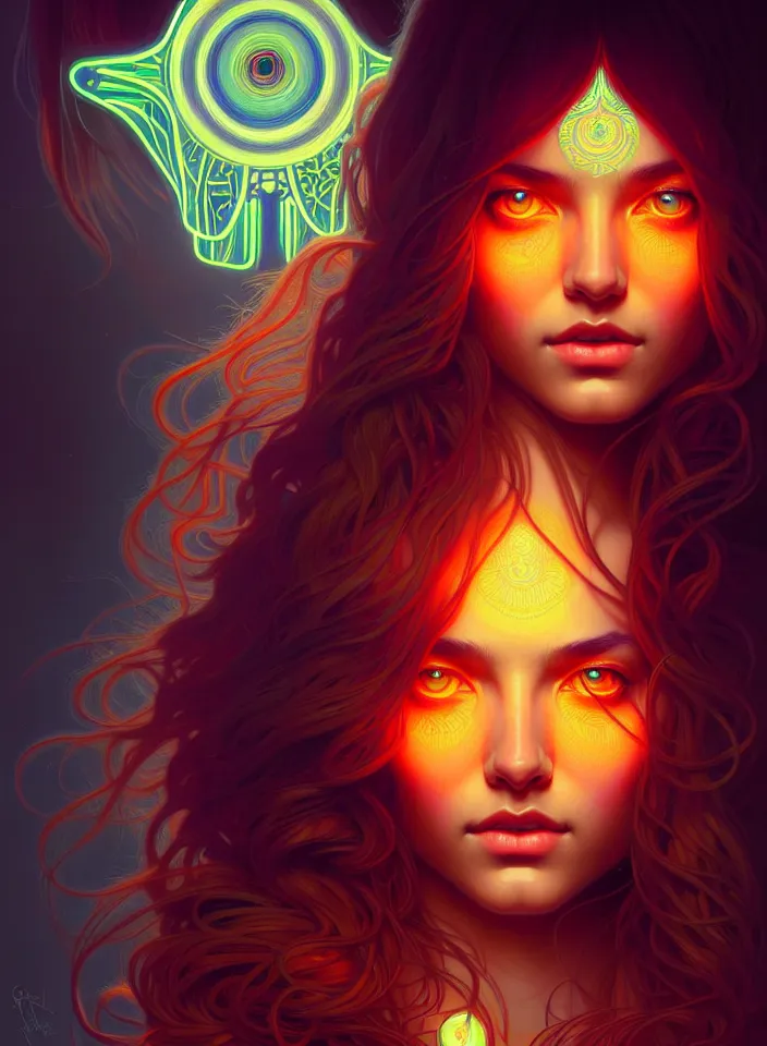 Prompt: symmetry!! portrait of a hippie girl, neon glowing eyes!! ambient, intricate, elegant, highly detailed, digital painting, artstation, symmetric concept art, smooth, sharp focus, illustration, art by artgerm and greg rutkowski and alphonse mucha, 8 k