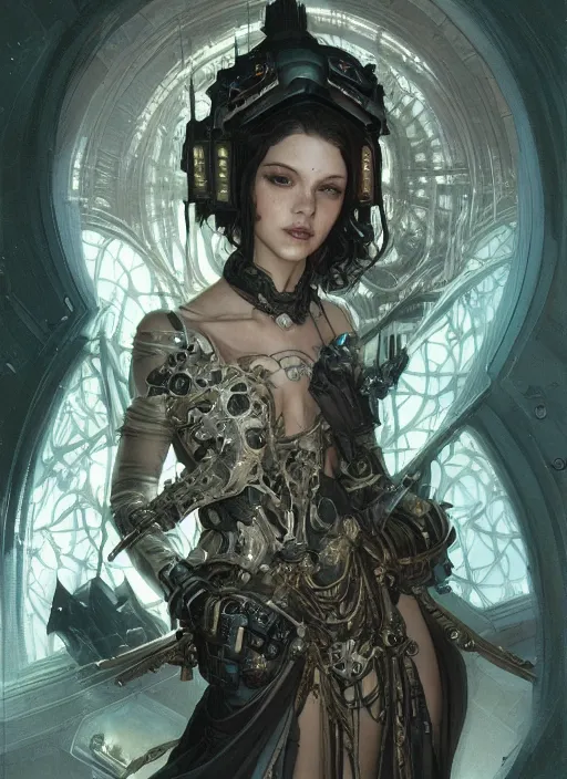 Image similar to portrait of beautiful pale gothic maiden, warhammer 40000, cyberpunk, intricate, elegant, highly detailed, digital painting, artstation, concept art, smooth, sharp focus, illustration, art by artgerm and greg rutkowski and alphonse mucha