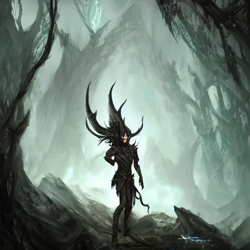 Image similar to dark fantasy concept of elven tree elf god, with dark steel and eldritch wood armor on a mountain, cinematic, dynamic lighting, photorealistic, ultra detailed, trending on art station, stunning visuals, creative, hyper detailed