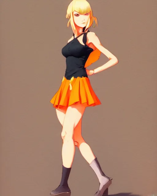 Image similar to blond woman in an orange ripped mini dress, by artgerm, by studio muti, greg rutkowski makoto shinkai takashi takeuchi studio ghibli