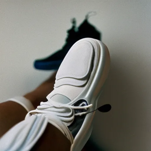 Image similar to a studio photoshoot of A Nike sneaker designed by Virgil Abloh and Jerry Lorenzo, Off-White, realistictic, color film photography by Tlyer Mitchell, 35 mm, graflex