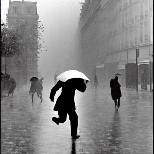 Image similar to the man leaping with an umbrella in a raining paris street, by henri cartier bresson,