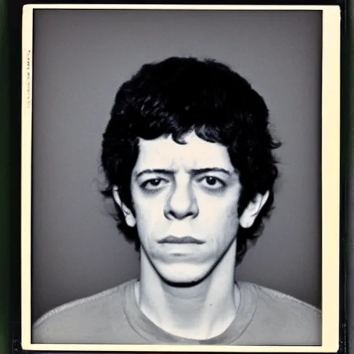 Prompt: Mugshot Portrait of Young Lou Reed, taken in the 1970s, photo taken on a 1970s polaroid camera, grainy, real life, hyperrealistic, ultra realistic, realistic, highly detailed, epic, HD quality, 8k resolution, body and headshot, film still, front facing, front view, headshot and bodyshot, detailed face, very detailed face