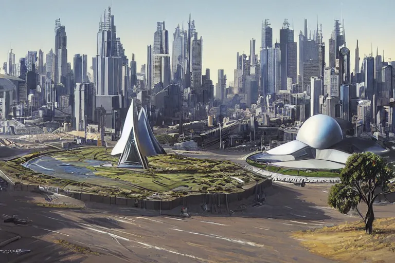 Image similar to ralph mcquarrie concept art for melbourne city landcsape