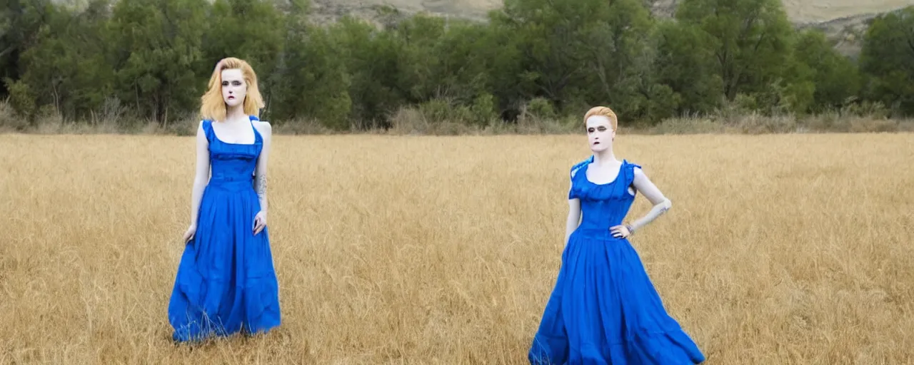 Image similar to evan rachel wood with blonde hair and a maiden blue dress in a field, old west