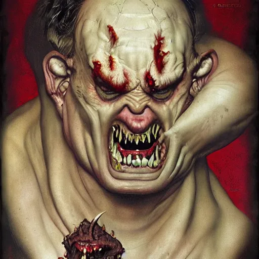 Prompt: upper body portrait of a bloated demonic man, by norman rockwell and boris vallejo, artstation, horror, concept creature character art
