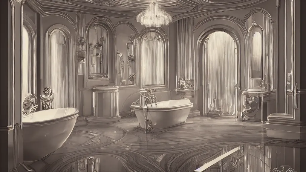 Prompt: art deco bathroom, photo, ultra detail, photoreal, professionally retouched, soft moonlight lighting, wide angle, 8 k high definition, insanely detailed, intricate, elegant, art by artgerm and wlop