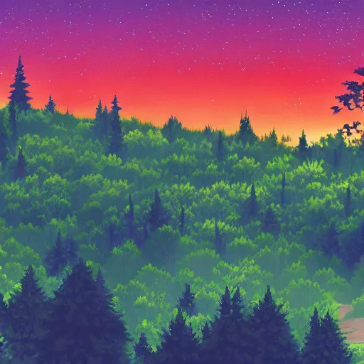 Prompt: forest lanscape panorama by makoto shinkai in pixar style backdrop gouache poster paint
