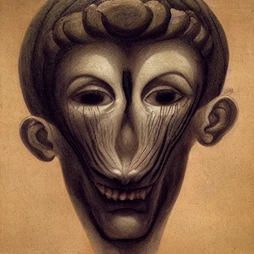 Image similar to A beautiful body art of of a giant head. The head is bald and has a big nose. The eyes are wide open and have a crazy look. The mouth is open and has sharp teeth. The neck is long and thin. ancient Greek architecture by Greg Girard, by Henry Fuseli balmy