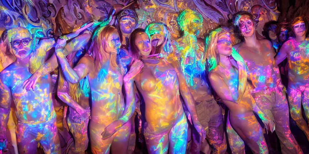 Image similar to people with glowing body paint, rebirth symbolism, wide angle, cinematic atmosphere, elaborate, UV, Blacklight, highly detailed, dramatic lighting