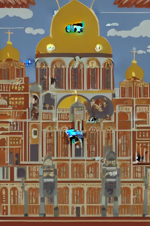 Prompt: scene from wes anderson orthodox cathedral building with mecha robots icons by helen lundeberg