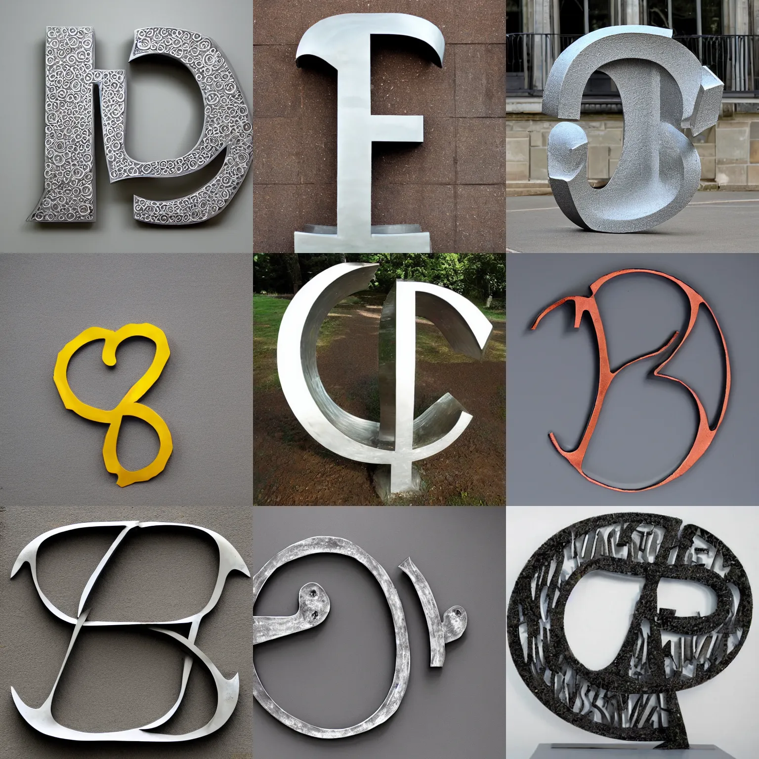 Prompt: sculpture of the the first letter of the english alphabet made out of metal