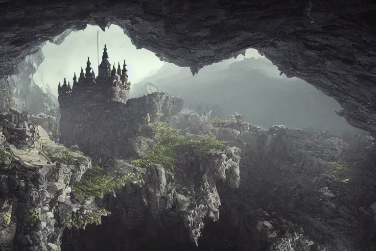 Image similar to an immense floating castle, in the midst of high mountains, hanging by chains, inside a gorge, below only cloud dark void, 8k resolution, artstation trends cosmic light, detailed octane render