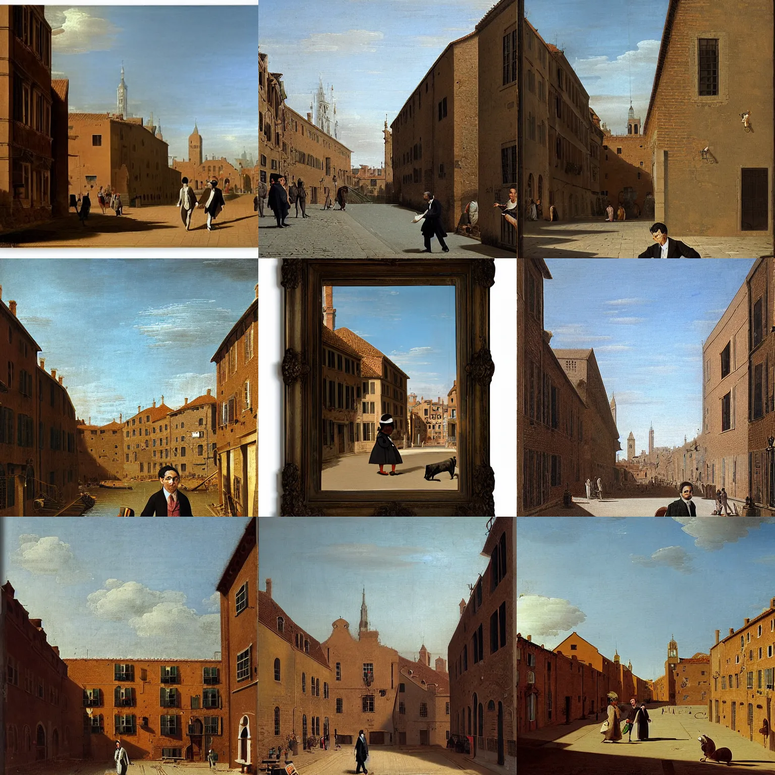 Prompt: mr. bean walks down a street on a sunny day by canaletto