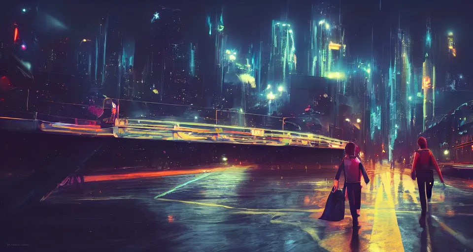 Image similar to Walking on a bridge over fantasy night city lights, volumetric lighting, 4k, octane, digital painting, artstation, sharp focus, illustration