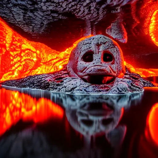 Image similar to head of kirby emerges from a lava lake, cave background, high detail, lava reflections, cave reflecting in lava lake, dramatic shot