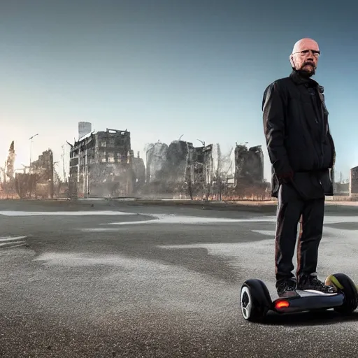 Image similar to Photo of Walter White standing on a hoverboard with several burning buildings behind him, centered, cinematic lighting, highly detailed, 8k