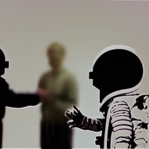 Image similar to a vhs glitch of an alien shaking hands with an astronaut