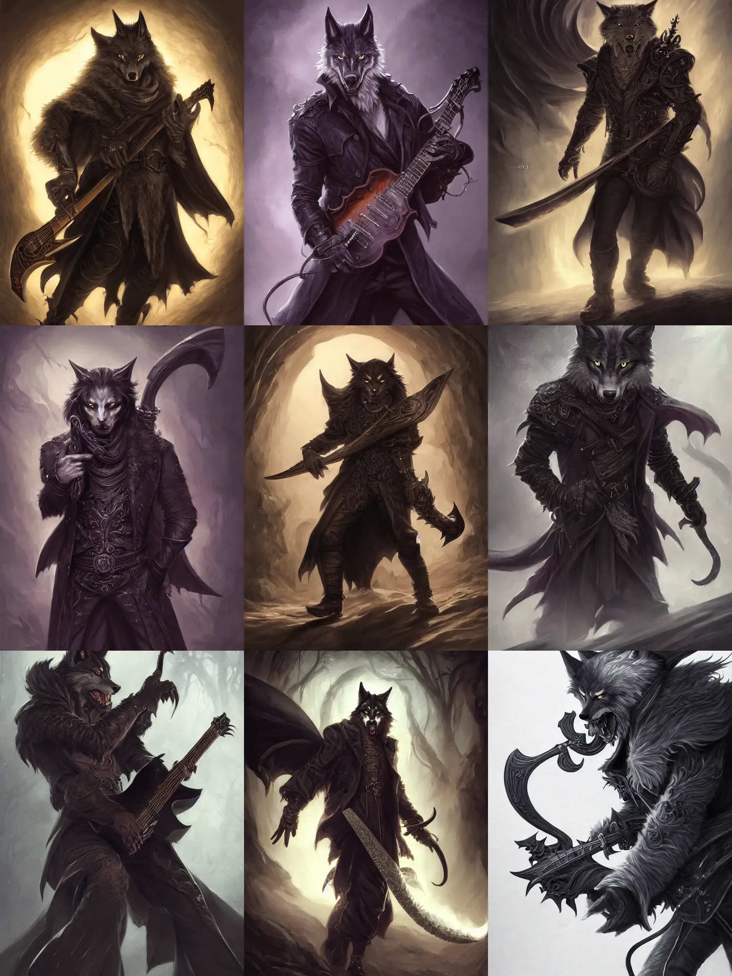 Image similar to picture of male lycan wolf bard, jet black trenchcoat, big guitar, high fantasy, highly detailed, detailed faces, smooth, sharp focus, chiaroscuro, dnd, digital painting, concept art, rossdraws and moebius and jon mcnaughton