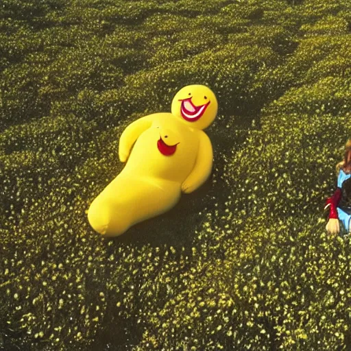 Prompt: an ample woman dressed as a squishy inflatable toy, smiley face, in a meadow, moody film still, terrence malick, 1973 technicolor