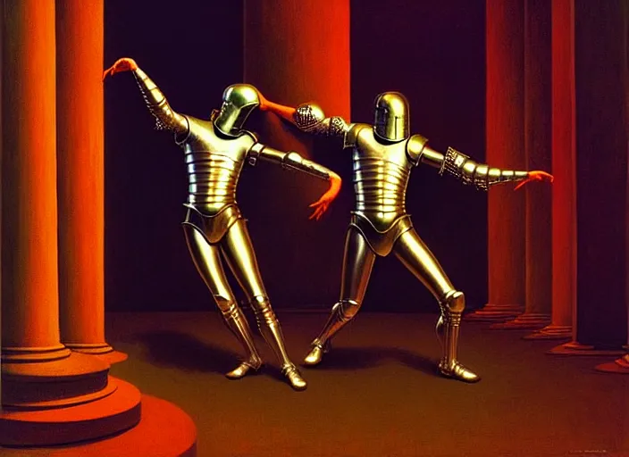 Image similar to knights in armor dance electric boogie popping, rome, highly detailed, soft lighting, elegant, works by edward hopper and james gillard, zdislaw beksinski, stephen outram, andreas m wiese, highly detailed